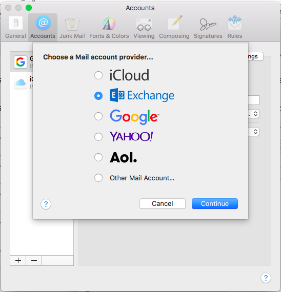 unable to verify account name or password exchange on mac for office mail